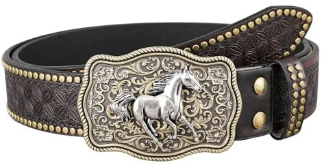 yotutun Ceinture western pour homme et femme - Ceinture de cowboy avec ceinture en cuir et ceinture traditionnelle - Ceinture cheval en cuir avec motif floral vintage - Unisexe - Noir - L