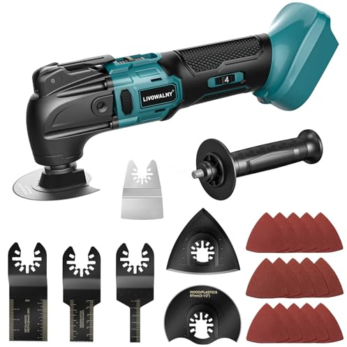 LIVOWALNY Multiherramienta Oscilante Compatible con Makita 18V Batería | 6 Velocidades, Motor Sin Escobillas, Empuñadura Auxiliar, para Quitar, Raspar y Cortar, con 23 Accesorios(Sin Batería)