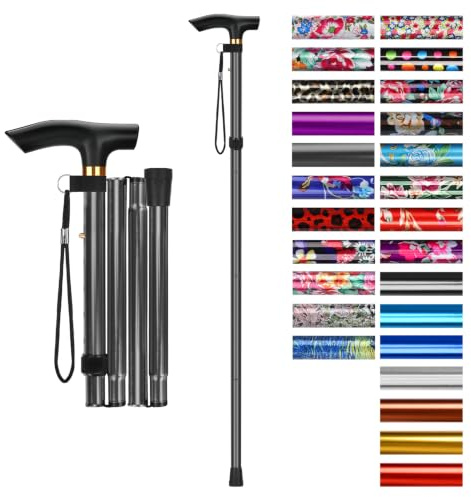 supregear Canne Pliante, Hauteur Réglable à 5 Niveaux Canne de Marche Légère Portable Bâtons de Voyage avec Dragonne et Poignée en T pour Personnes Âgées Handicapées Hommes Femmes