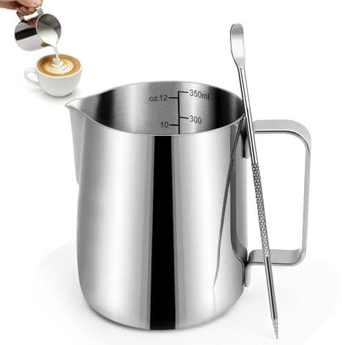 WJMY 350 ml Milchschaumkännchen aus Edelstahl 304, inkl. Latte-Art-Stift | Barista Milchkännchen mit Anti-Hitze-Griff, spülmaschinenfest, BPA-frei für Cappuccino, Latte und Kaffee