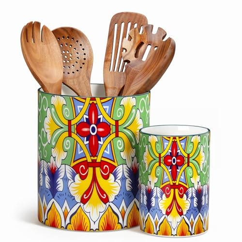 vancasso Juego de 2 Soporte para Utensilios de Cocina Bohemio, 18,6 cm + 14 cm Porta Cubiertos de Ceramica, Tarros Organizador Decorativos para Encimera, Flor Dorada