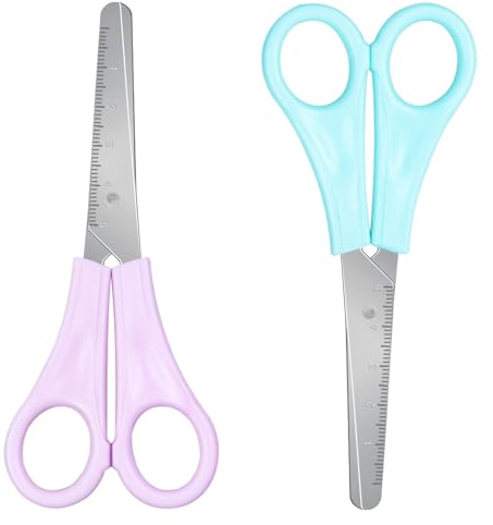 YIKTUNQ Kids Scissors with cm Scale, 2 Pcs 13 cm Blunt Tip Scissors | Kids Scissors for Home School DIY Craft Children's Art (Blue, Purple)