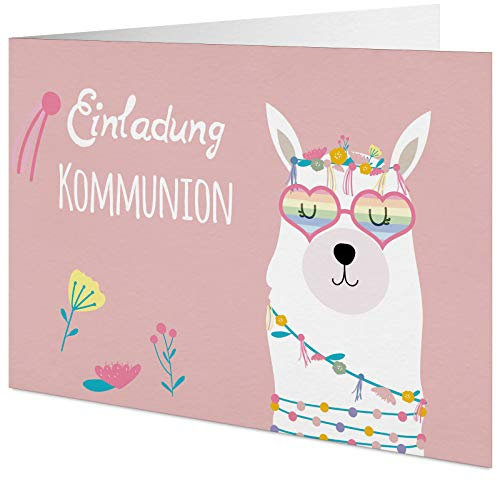 5 Lama Karten zur Kommunion mit passenden Umschlägen, Motiv Blumenrausch, Einladungskarten zur Kommunion, Klappkarten im Set zu 5 Stk.