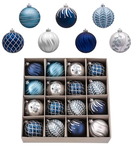Valery Madelyn Christmas Ornaments Set, 16ct Navy Blue and Silver Shatterproof Christmas Tree Decorations Ball Ornaments Bulk, 3.15 Inches Elegant Hanging Ornaments for Xmas Trees Decor