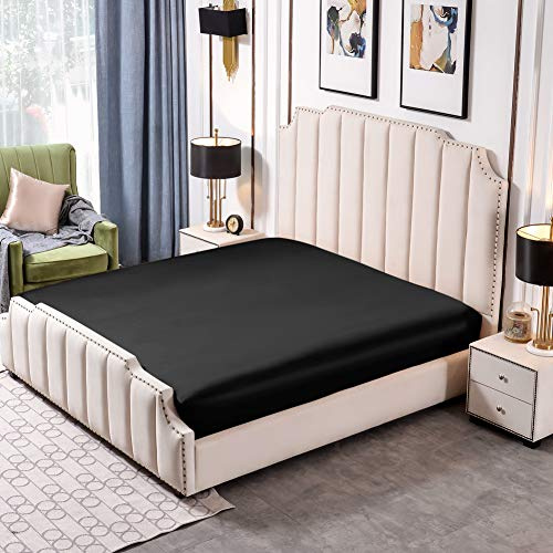 THXSILK 25 Momme Spannbettlaken Seide Bettlaken, 100% Maulbeerseide Bettwäsche Spannbetttuch, Seiden Bettlaken für Standardmatratze, 180x200+30cm, Schwarz