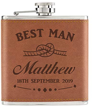 Personalised Custom Any Name Date Wedding Knot - Best Man/Maid of Honour/Groom/Groomsman/Bridesmaid/Bride/Father Mother of The/Usher/ 6oz PU Leather Hip Flask Tan