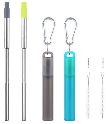 Wolfteeth 2 Pack Pajitas Metálicas Telescópicas Reutilizables con Punta de Silicona de Grado Alimenticio, Pajitas Plegables Plegables de Acero Inoxidable con Cepillo de limpieza, Gris y Verde/502601