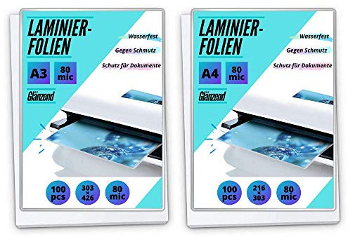 PREMIUM Laminierfolien Sparkombi - 2x100 Stück DIN A3/A4 glänzend - 1x100 Stück A3 & 1x100 Stück A4… (2x175 Micron [350 Micron])