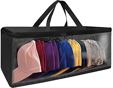 ohihuw Hat Organizer for Closet, 8.6 Width Widened Design, Large Hat Box, Baseball Cap Storage Bag with Carrying Handles & Lid, Solid Structure with Plastic Boards (Black)