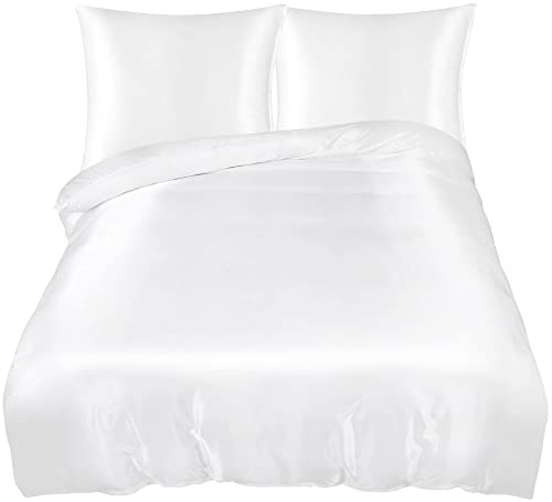 PiccoCasa Satin Bettwäsche 155x200cm Weiß 3tlg Uni Glatt Luxus Seide Bettbezug mit Reißverschluss und Kissenbezug 80x80cm kuschelig weich Bettwäsche-Sets