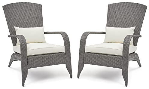 Mondeer 2er Set Gartenstuhl Adirondack PE Rattan, Comfort Gartensessel mit Sitzkissen und Kissen, Gartenstuhl mit extrabreiten Armlehnen für Garten Terrasse Balkon, Grau und Weiß