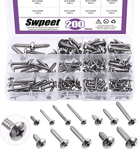 Swpeet 200Pcs #6#8#10#12 304 Stainless Steel Phillips Truss Head Self Tapping Screws Phillips Cross Drive Wood Screws Sheet Metal Screws Assortment Kit for Sheet Metal, Wood, PVC Plastic