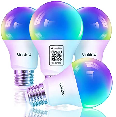 Linkind Matter Smart Light Bulb, Smart Bulbs Work with Apple Home, Siri, Alexa, Google, SmartThings, LED RGBTW Color Changing Bulbs Music Sync,A19 E26 60W 800LM, 2.4GHz WiFi Only, 4 Pack