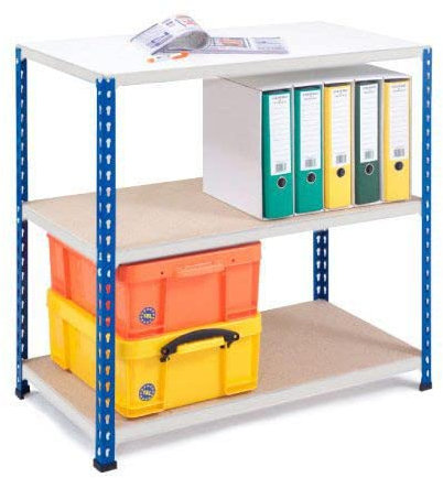 Horison Industries Medium Duty Industrial Shelving Unit for Storage - Garage Shelving - Racking for Shed and Van - Metal Shelving with 3 Tier Chipboard Shelves in Blue/grey -915x840x380mm