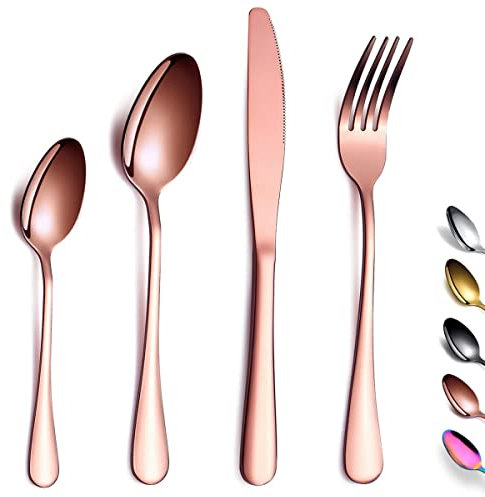 Kyraton Rose Gold Cutlery Set 24 Pieces, Titanium Rose Gold Plated Stainless Steel Tableware Set,Stainless Steel Flatware Set, Dishwasher Safe, for six People.