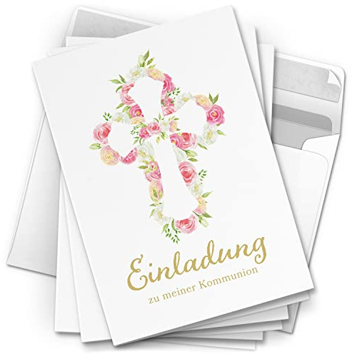 10 Einladungskarten Kommunion - Motiv Rosen Kreuz - moderne Klappkarten mit Umschlägen - Einladungen zu Kommunionsfeier Einladung Karten