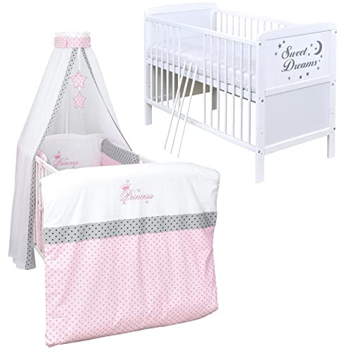 Generisch Baby Delux Babybett Komplett Set Sweet Dreams Kinderbett umbaubar zum Juniorbett weiß 140x70 Bettwäsche mehrteilig (Princess Stars)
