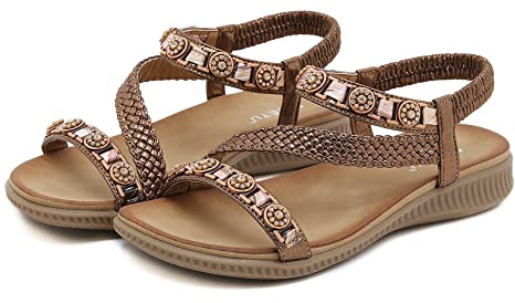 MACHSWON Women's Summer Sandals Casual Comfortable Flip Flops Bling Beaded Shoes Ankle T-Strap Elastic Back Flat Sandals for Women (Brown, Size 6)