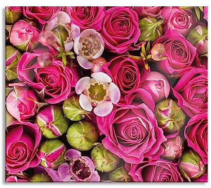 Rosa Rote Rosen Herdabdeckplatte & Spritzschutz aus Echtglas | Für Herd-Kochfelder | 60x52 cm