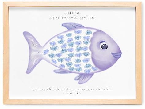 Gästebild Taufe personalisiert für Fingerabdrücke als Gästebuch | Personalisiert, Bild für Fingerabdrücke, Fisch Motiv, für Mädchen & Jungen, Taufgeschenk