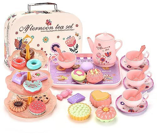 Fivtsme Children's Tea Set, Tea Party Set, Doll's Crockery Metal, Wooden Tea Set Children, Girls Tea Set for Children with Case, Pretend Play Food Kitchen Games Set for Boys Girls from 3 Years