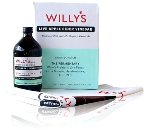 WILLY'S Apple Cider Vinegar with Live Mother Bundle - Probiotics For Detox & Gut Health - 5L Refill Bag In Box, 500ml Glass Bottle with Integrated Pourer & Tea Towel