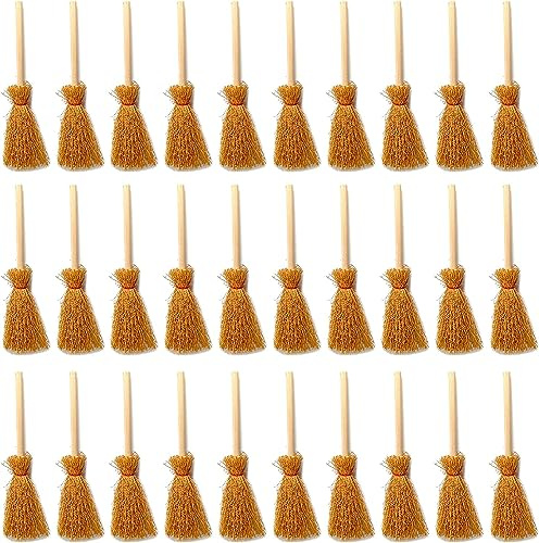 LATRAT 30 unidades de mini escobas para casa de muñecas, modelo de manualidades, mini escoba colgante, miniatura de paja, escoba temática para fiestas con cuerda roja para decoración