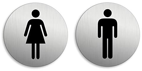 WC Schild Damen Herren Toilettenschilder 2er-Set Ø 75 mm Aluminium selbstklebend (Silber)
