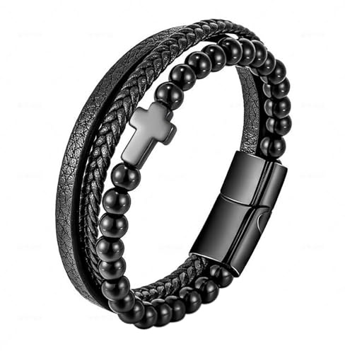 Cupimatch Kreuz Herren Leder Armband: Mehrschichtiges Geflochtenes Lederarmband Edelstahl Kreuzmanschette Perlen Schmuckgeschenk für Valentinstag Weihnachten Geburtstag Jahrestag