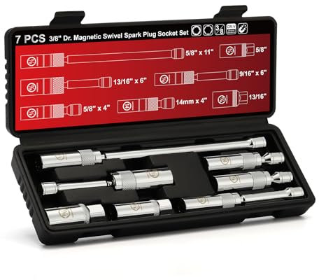 AIRTOON 7-Piece 3/8 Inch Drive Magnetic Swivel Spark Plug Socket Set, Includes 9/16-inch, 5/8-inch, 13/16-inch, 14mm, Enhanced Magnetic Design with Thin Wall Socket, Cr-v Steel, 6-Point &12-Point