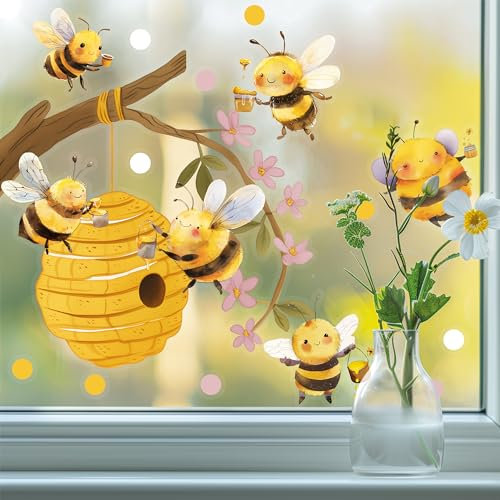 Sunnywall Fensterbild Fensterdeko niedliche Bienen Bienennest Honig Fensteraufkleber statisch selbstklebend beidseitiger Druck Aufkleber Fenstersticker WIEDERVERWENDBAR A4
