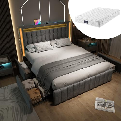 Polsterbett 140x200, LED Doppelbett mit USB Typ C Ladefunktion und 4 Schubladen, Bett Jugendbett Stauraumbett Funktionsbett Rückenlehne Bettgestell mit Holz Lattenrost, Leinen, Grau, Mit Matratze