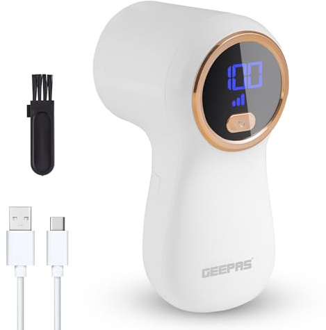 GEEPAS Fabric Shaver with Digital Display | Rechargeable Lint Remover for Clothes Wool Cotton Upholstery | 9W Portable De-Bobbler SS Blade Mesh | 2Hr Run Time Auto Shut-Off | 2 Yr Warranty White