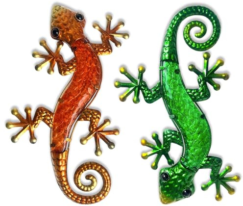 HONGLAND Wandbild Metall-Wandkunst, Gecko/Eidechse, Outdoor-Dekoration, Wanddeko Outdoor,hängende Glas-Skulptur, Wandkunst-Dekorationen für Garten, Zaun, Zuhause, 2 Stück, 38,1 cm, Grün/Orange