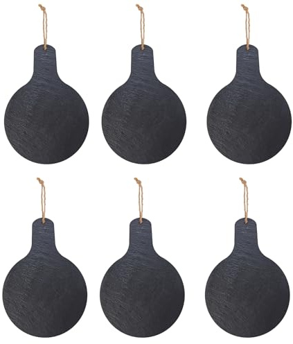 6PC Slate Cheese Board with Handle 6 x 9 Black Round Stone Plates Charcuterie Serving Meat and Cheese Tray Slate Plate Black Cutting Board for Kitchen Parties Pizza Vegetables Bread