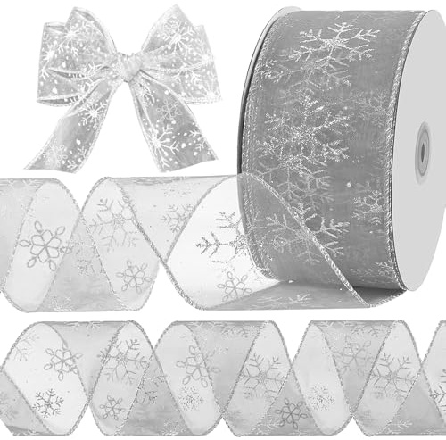 AWAVM Ruban en organza pailleté flocon de neige pour sapin de Noël – 6,35 cm x 10,06 m – Ruban avec fil métallique pour décoration, emballage cadeau, travaux manuels et fêtes (argenté)