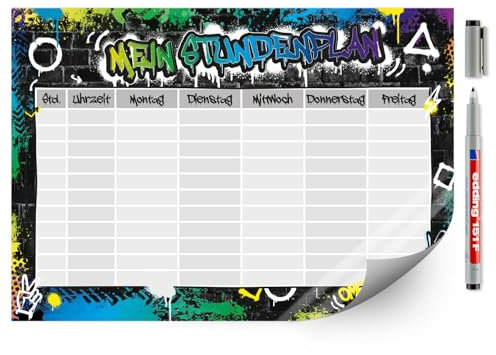 younikat Stundenplan abwischbar selbstklebend I Graffiti I inkl. Stift I wiederbeschreibbar I Schulanfang I dv1456