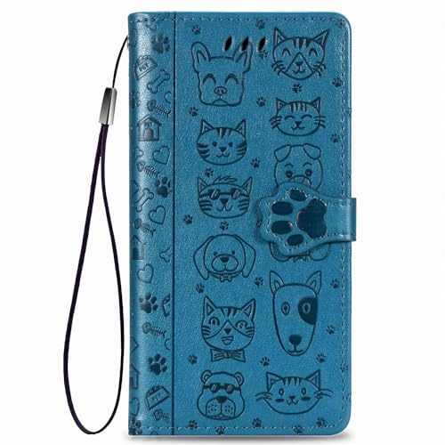 Handyhülle für Honor X6B Hülle Katze Hund Premium Leder PU Flip Case Magnetisch Kartensteckplätzen Klapphülle Wallet Lederhülle Bumper Schutzhülle für Honor X6B Tasche Blau