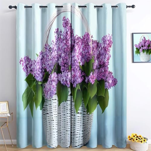 Srigzcaly Lila BlüTen Grommet Vorhänge - Lärmminderung, Staubdicht Vorhange Blickdicht, 150x166cm(BxH),Polyester Vorhänge für Kinderzimmer&Wohnzimmer Blau