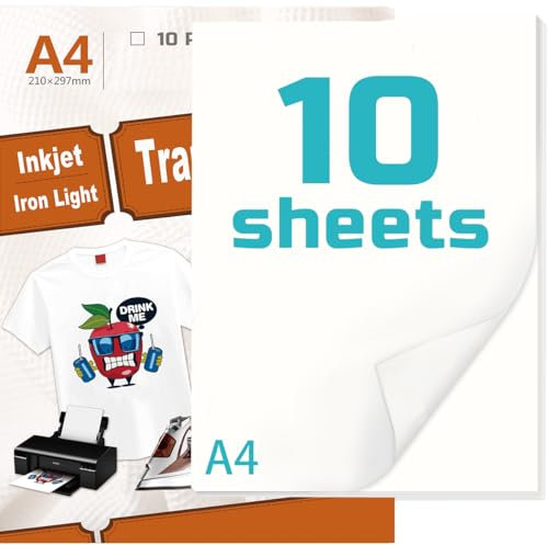 SCULPFUN Transferpapier, 10 Blatt A4 Inkjet Bügeleisen für HELLE Textilien/Stoffe, Transferfolie Textil, Kompatibel Tintenstrahldrucker und Bügeleisen und Transferpresse