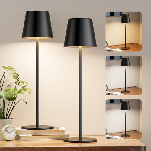 Aooshine Cordless Table Lamps Set of 2 Rechargeable, Battery Operated Lamp with 3-Color Modes, Portable Dimmable USB Touch Lamp for Bedroom, Living Room, Dining, Outdoor(Black)