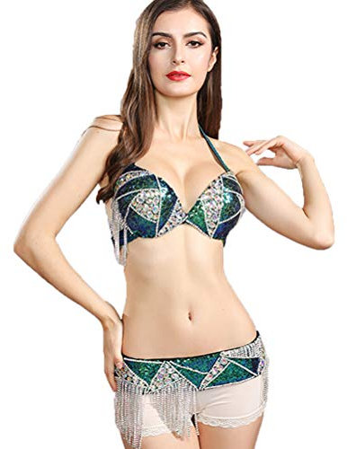 Damen Bauchtanz Kleider Professionelle Bauchtanz Outfit Karneval Kostüme Bauchtanz BH und Gürtel 2 Stück Set, grün, L