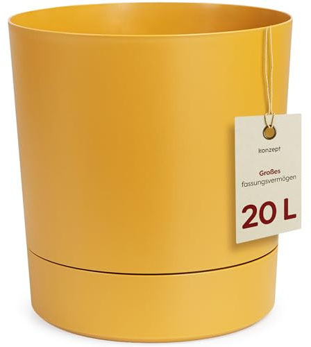 KONZEPT Blumentopf mit Untersetzer 32,5 cm - großer Übertopf aus Kunststoff für Zimmerpflanzen, modern und wetterfest, für Innen und Außen, Gelb