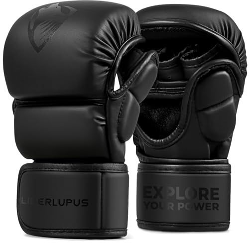 LIBERLUPUS MMA Gloves Sparring Grappling, Open Palm Martial Arts for Men, Muay thai, kickboxing, Punching heavy bag, Boxing Gloves Training- Durable Synthetic Leather with Wrist Support (Black, L-XL)
