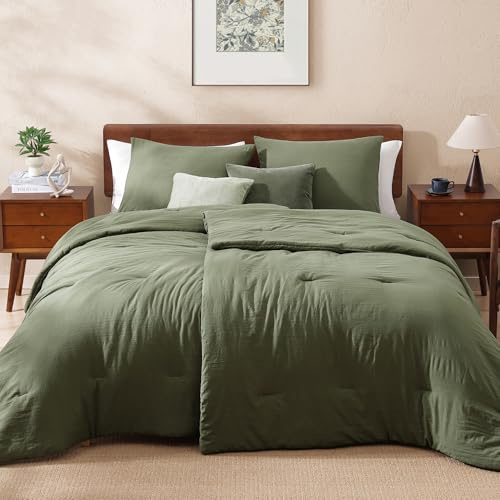 WRENSONGE Double Twin XL Comforter Set - 4 Pieces Prewashed Olive Green Bedding Set for All Seasons Soft Lightweight 2 Comforters (55 x 90) with 2 Pillow Shams