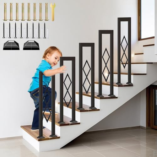 YUJEYHD Treppengeländer Innen U Förmiger Handlauf mit Rhombus Ziergeländer, Metall Geländer Außen Brüstungsgeländer und Eingangsgeländer, Vertikale Installation (Schwarz, 90cm)