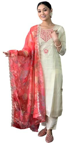 Embroidered Kurti Set for Women with Pant Dupatta, Ideal Indian Outfit for Festivals Weddings, Cream, XL