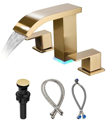 Rubinetti da bagno a cascata in oro spazzolato, rubinetto moderno diffuso da 20,3 cm, tocco su 3 fori e 2 maniglie, rubinetto per lavabo da bagno dorato con luce LED (oro spazzolato)