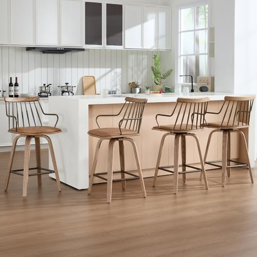 26 Inch Counter Height Bar Stools Set of 4, Swivel Counter Stools with Curved Arm and Footrest, Upholstered Wood Barstool with Metal Fence-Like Back for Kitchen Island Home Bar Pud(Brown Pu)