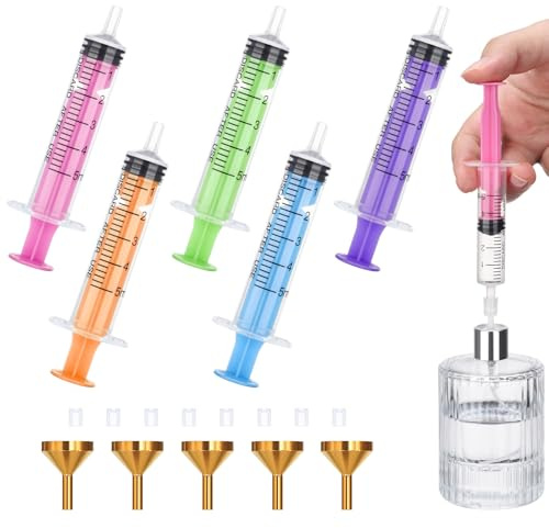 Segbeauty Herramienta de Transferencia para Colonia, 5 Piezas 5ml Jeringa de Plastico, 5 Piezas Embudo de Metal, para Rellenar Perfume a Atomizador de Perfume Viaje